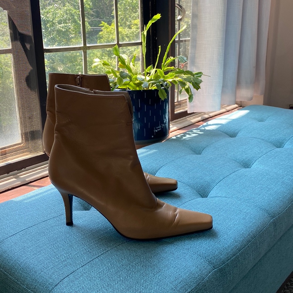 Gorgeous leather 3” spike heel booties.  Tan, soft leather.